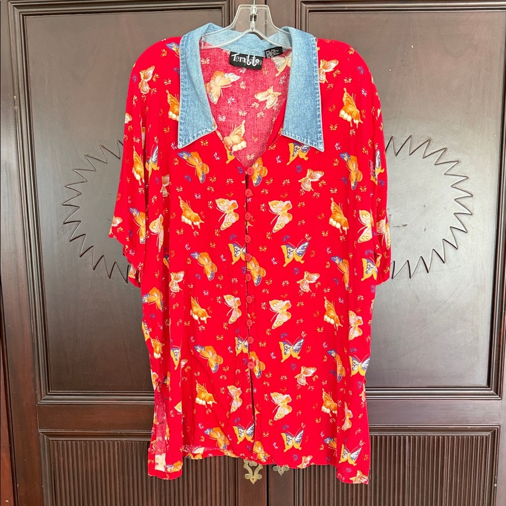 TEMPTATIONS Vintage Butterfly Shirt w Denim Collar Size 22/42